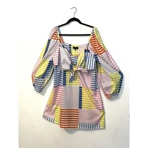Eloquii Tie Bodice Mini Dress with rainbow color stripes, Patchwork Size 14